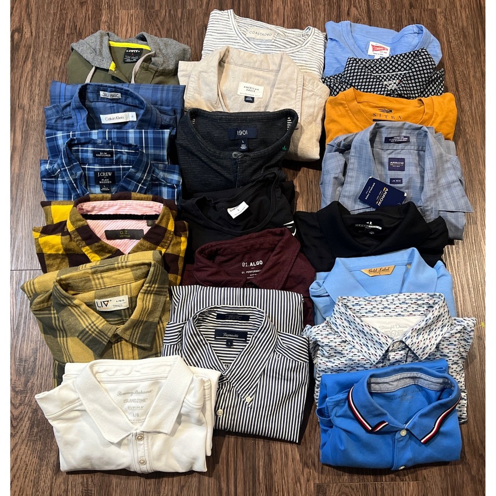 Men's Lot of 20 Size L Mix Of Great Brands Polos And Long Sleeves Plaid